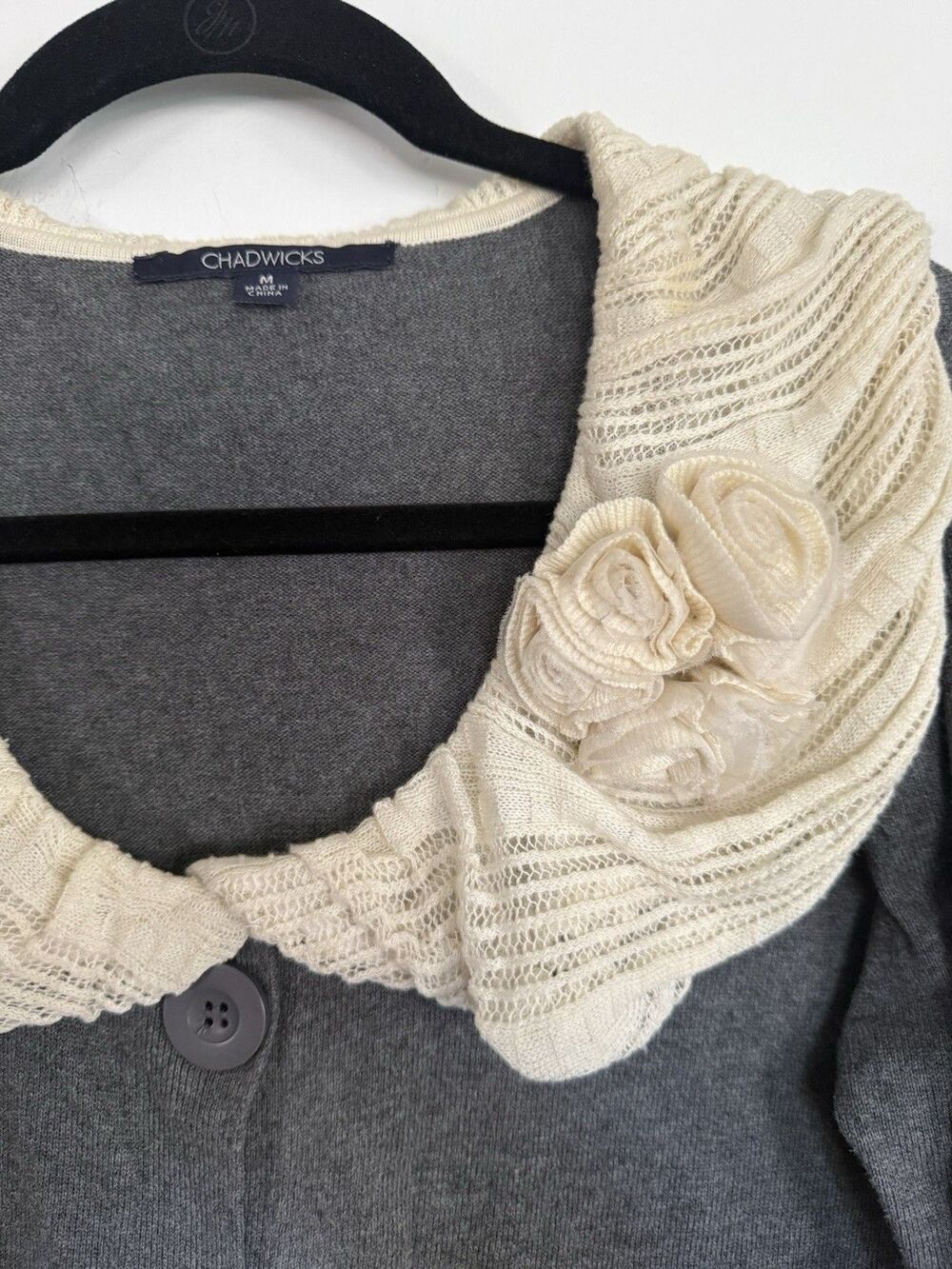 Vintage Chadwick’s Gray Sweater Cream Crocheted Collar Medium Coquette Lace Cott - Picture 5 of 8
